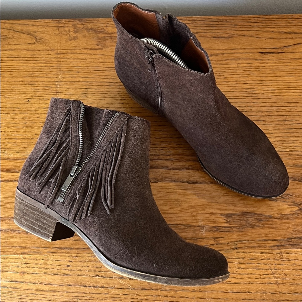 Lucky Brand Beeliner Dark Brown Leather Suede Ankle Boots Fringe Size 9.5